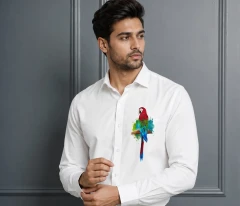 Mens Collection – Pure White Hand-Painted Macaw Shirt for Perfect Mens Wear